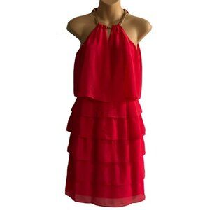 Laundry by Shelli Segal Pink Ruffled Gold Chain Tierd Cocktail Dress